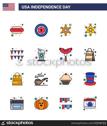 Pack of 16 USA Independence Day Celebration Flat Filled Lines Signs and 4th July Symbols such as soda; cola; police; bottle; garland Editable USA Day Vector Design Elements
