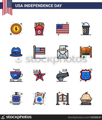 Pack of 16 USA Independence Day Celebration Flat Filled Lines Signs and 4th July Symbols such as american; hat; country; states; american Editable USA Day Vector Design Elements