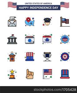 Pack of 16 USA Independence Day Celebration Flat Filled Lines Signs and 4th July Symbols such as bank  thanksgiving  wisconsin  flag  police Editable USA Day Vector Design Elements