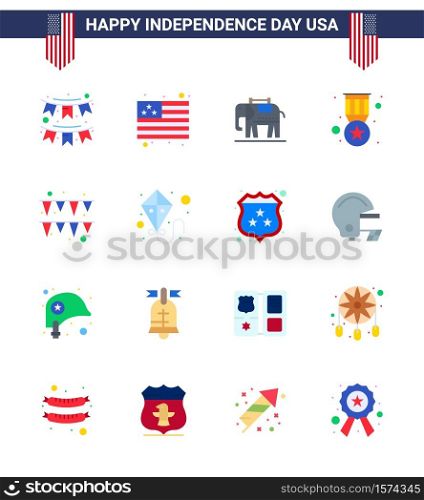 Pack of 16 USA Independence Day Celebration Flats Signs and 4th July Symbols such as paper; festival; elephent; military; badge Editable USA Day Vector Design Elements