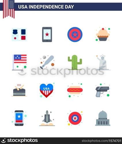 Pack of 16 USA Independence Day Celebration Flats Signs and 4th July Symbols such as flag; day; holiday; muffin; cake Editable USA Day Vector Design Elements