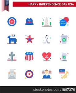 Pack of 16 USA Independence Day Celebration Flats Signs and 4th July Symbols such as political; donkey; sight; chat bubble; usa Editable USA Day Vector Design Elements