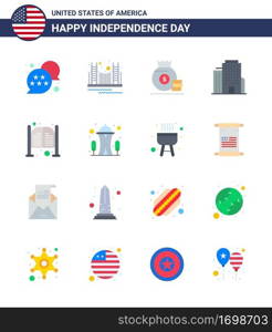 Pack of 16 USA Independence Day Celebration Flats Signs and 4th July Symbols such as bar  office  tourism  building  money Editable USA Day Vector Design Elements