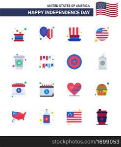 Pack of 16 USA Independence Day Celebration Flats Signs and 4th July Symbols such as cola  international flag  party  flag  usa Editable USA Day Vector Design Elements