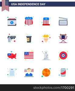 Pack of 16 USA Independence Day Celebration Flats Signs and 4th July Symbols such as army  gun  entertainment  usa  movis Editable USA Day Vector Design Elements