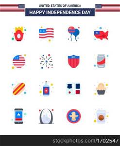 Pack of 16 USA Independence Day Celebration Flats Signs and 4th July Symbols such as international flag  country  bloons  usa  states Editable USA Day Vector Design Elements