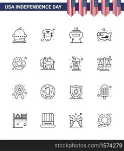 Pack of 16 USA Independence Day Celebration Lines Signs and 4th July Symbols such as round; usa; barbeque; united; map Editable USA Day Vector Design Elements
