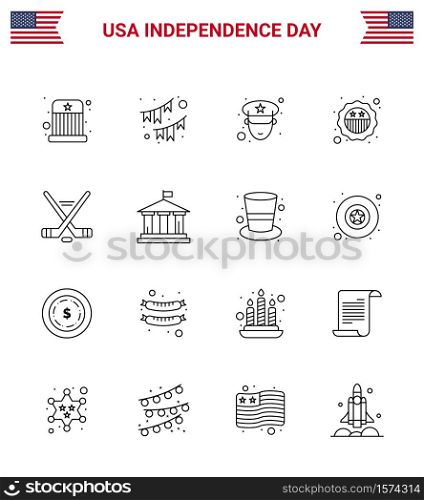Pack of 16 USA Independence Day Celebration Lines Signs and 4th July Symbols such as ice sport; flag; garland; badge; american Editable USA Day Vector Design Elements