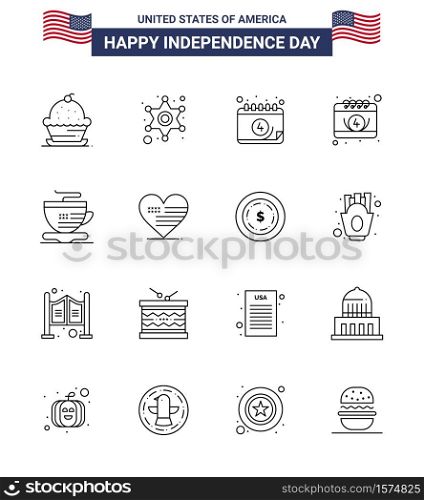 Pack of 16 USA Independence Day Celebration Lines Signs and 4th July Symbols such as love; coffee; police sign; cup; day Editable USA Day Vector Design Elements