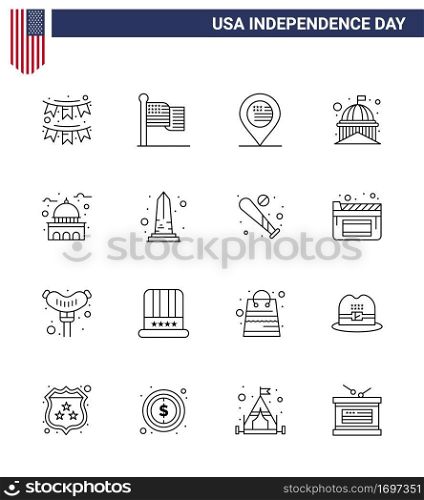 Pack of 16 USA Independence Day Celebration Lines Signs and 4th July Symbols such as white; landmark; usa; house; sign Editable USA Day Vector Design Elements
