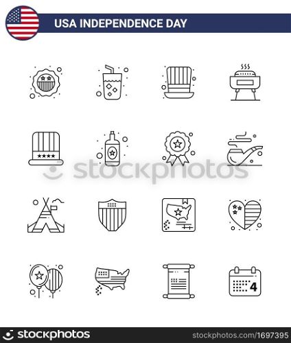 Pack of 16 USA Independence Day Celebration Lines Signs and 4th July Symbols such as cap; holiday; day; festivity; barbeque Editable USA Day Vector Design Elements