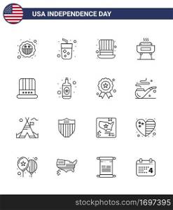 Pack of 16 USA Independence Day Celebration Lines Signs and 4th July Symbols such as cap  holiday  day  festivity  barbeque Editable USA Day Vector Design Elements