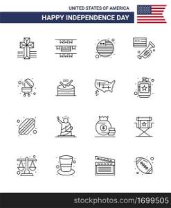 Pack of 16 USA Independence Day Celebration Lines Signs and 4th July Symbols such as instrument  grill  international flag  bbq  american Editable USA Day Vector Design Elements