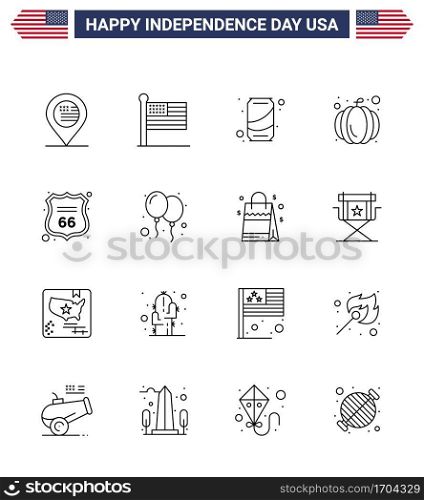 Pack of 16 USA Independence Day Celebration Lines Signs and 4th July Symbols such as sign; security; beer; usa festival; american Editable USA Day Vector Design Elements