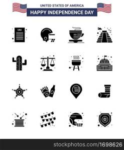 Pack of 16 USA Independence Day Celebration Solid Glyphs Signs and 4th July Symbols such as court  plent  coffee  usa  usa Editable USA Day Vector Design Elements
