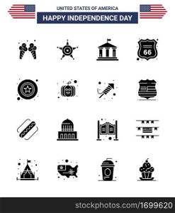 Pack of 16 USA Independence Day Celebration Solid Glyphs Signs and 4th July Symbols such as police; american; bank; sign; security Editable USA Day Vector Design Elements