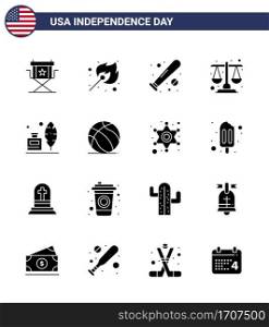 Pack of 16 USA Independence Day Celebration Solid Glyphs Signs and 4th July Symbols such as scale  justice  outdoor  court  sports Editable USA Day Vector Design Elements
