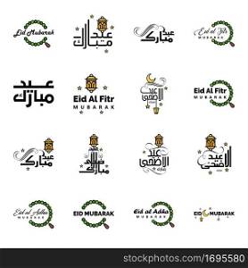 Pack of 16 Vector of Arabic Calligraphy Text with Moon And Stars of Eid Mubarak for the Celebration of Muslim Community Festival