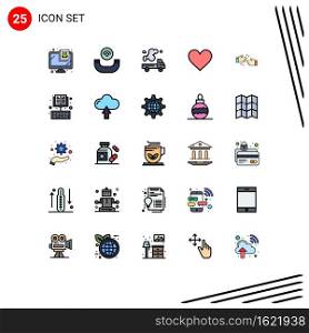Pack of 25 creative Filled line Flat Colors of done, like, truck, interface, love Editable Vector Design Elements