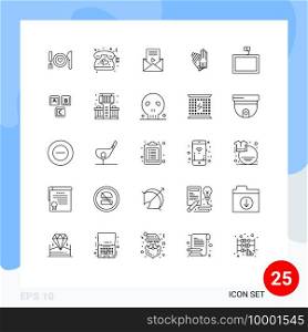 Pack of 25 creative Lines of mount, construction, wedding, building, video player Editable Vector Design Elements