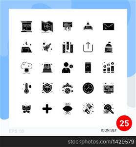 Pack of 25 creative Solid Glyphs of alert, lump, navigation, furniture, radio Editable Vector Design Elements