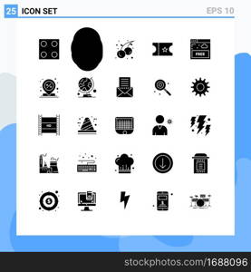 Pack of 25 creative Solid Glyphs of center, internet, summer, free, ticket Editable Vector Design Elements