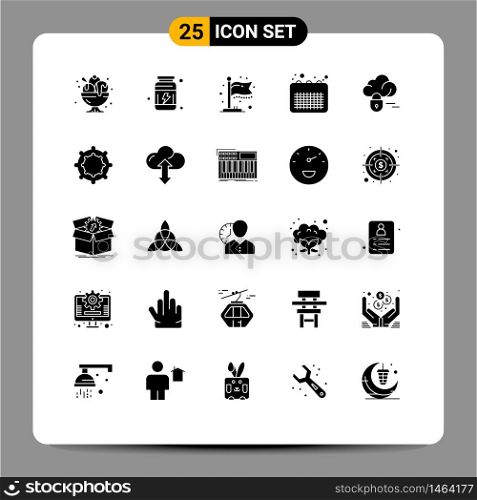 Pack of 25 creative Solid Glyphs of cloud, note, vitamins, event, business Editable Vector Design Elements