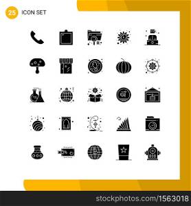 Pack of 25 creative Solid Glyphs of criminal, settings, analysis, seo, file Editable Vector Design Elements