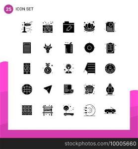Pack of 25 creative Solid Glyphs of education, document, rename, insurance policy, lotus Editable Vector Design Elements