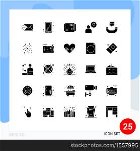 Pack of 25 creative Solid Glyphs of fire work, phone, music, message, love Editable Vector Design Elements