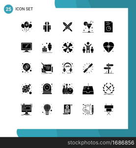 Pack of 25 creative Solid Glyphs of hands, glass, sword, drink, beverage Editable Vector Design Elements