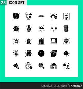 Pack of 25 creative Solid Glyphs of holiday, service, moustache, insurance, men Editable Vector Design Elements