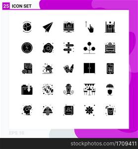 Pack of 25 creative Solid Glyphs of performance, gestures, house, gesture, up Editable Vector Design Elements