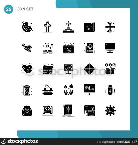 Pack of 25 creative Solid Glyphs of tool, house, develop, map, building Editable Vector Design Elements