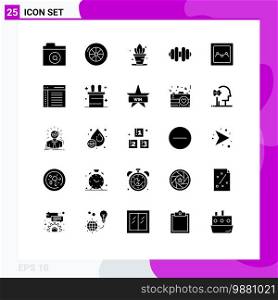 Pack of 25 creative Solid Glyphs of user, communication, dumbbell, coding, graph Editable Vector Design Elements