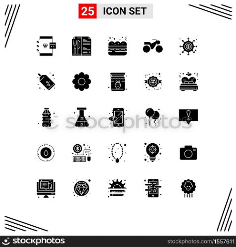Pack of 25 creative Solid Glyphs of wormhole, hole, pie, black hole, motorcycle Editable Vector Design Elements