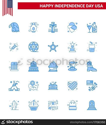 Pack of 25 creative USA Independence Day related Blues of bottle; wine; american; drink; cowboy Editable USA Day Vector Design Elements