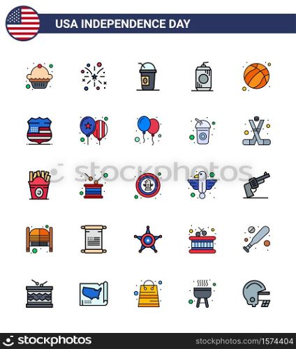 Pack of 25 creative USA Independence Day related Flat Filled Lines of football; american; american; usa; cola Editable USA Day Vector Design Elements