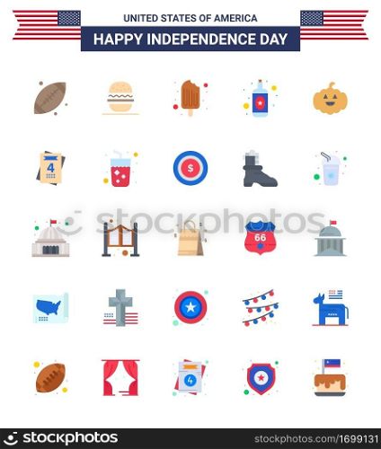 Pack of 25 creative USA Independence Day related Flats of usa; pumkin; cold; wine; alcohol Editable USA Day Vector Design Elements
