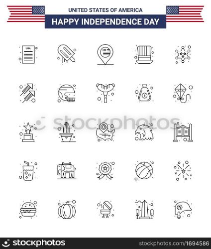 Pack of 25 creative USA Independence Day related Lines of police  badge  location  usa  hat Editable USA Day Vector Design Elements