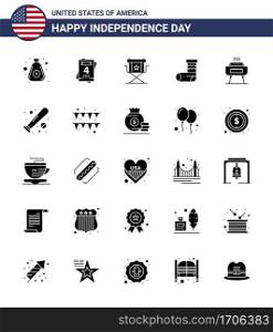 Pack of 25 creative USA Independence Day related Solid Glyph of celebration; gift; director; festivity; celebration Editable USA Day Vector Design Elements