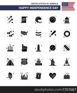 Pack of 25 creative USA Independence Day related Solid Glyph of usa; ball; american; american; state Editable USA Day Vector Design Elements