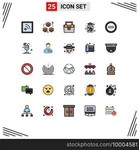 Pack of 25 Modern Filled line Flat Colors Signs and Symbols for Web Print Media such as minus, sweets, construction, food, candy jar Editable Vector Design Elements
