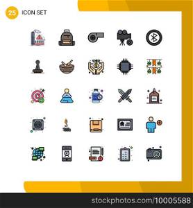 Pack of 25 Modern Filled line Flat Colors Signs and Symbols for Web Print Media such as bluetooth, movie, hike, media, camera Editable Vector Design Elements