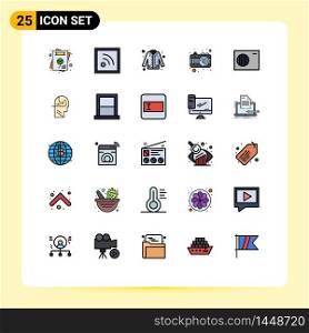 Pack of 25 Modern Filled line Flat Colors Signs and Symbols for Web Print Media such as conditioner, picture, fashion, travel, photos Editable Vector Design Elements