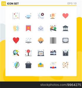 Pack of 25 Modern Flat Colors Signs and Symbols for Web Print Media such as wellness, love, coffee, head, emergency call Editable Vector Design Elements