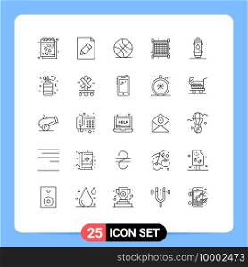 Pack of 25 Modern Lines Signs and Symbols for Web Print Media such as heat, heater, backetball, view, grid Editable Vector Design Elements