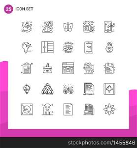 Pack of 25 Modern Lines Signs and Symbols for Web Print Media such as progress, graph, insect, chart, pills Editable Vector Design Elements