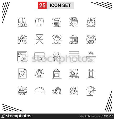 Pack of 25 Modern Lines Signs and Symbols for Web Print Media such as iot, internet, coffee, location, location Editable Vector Design Elements