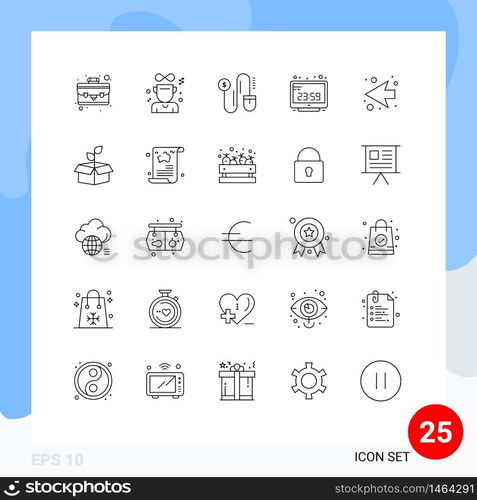 Pack of 25 Modern Lines Signs and Symbols for Web Print Media such as left, arrow, dollar, display, computer clock Editable Vector Design Elements